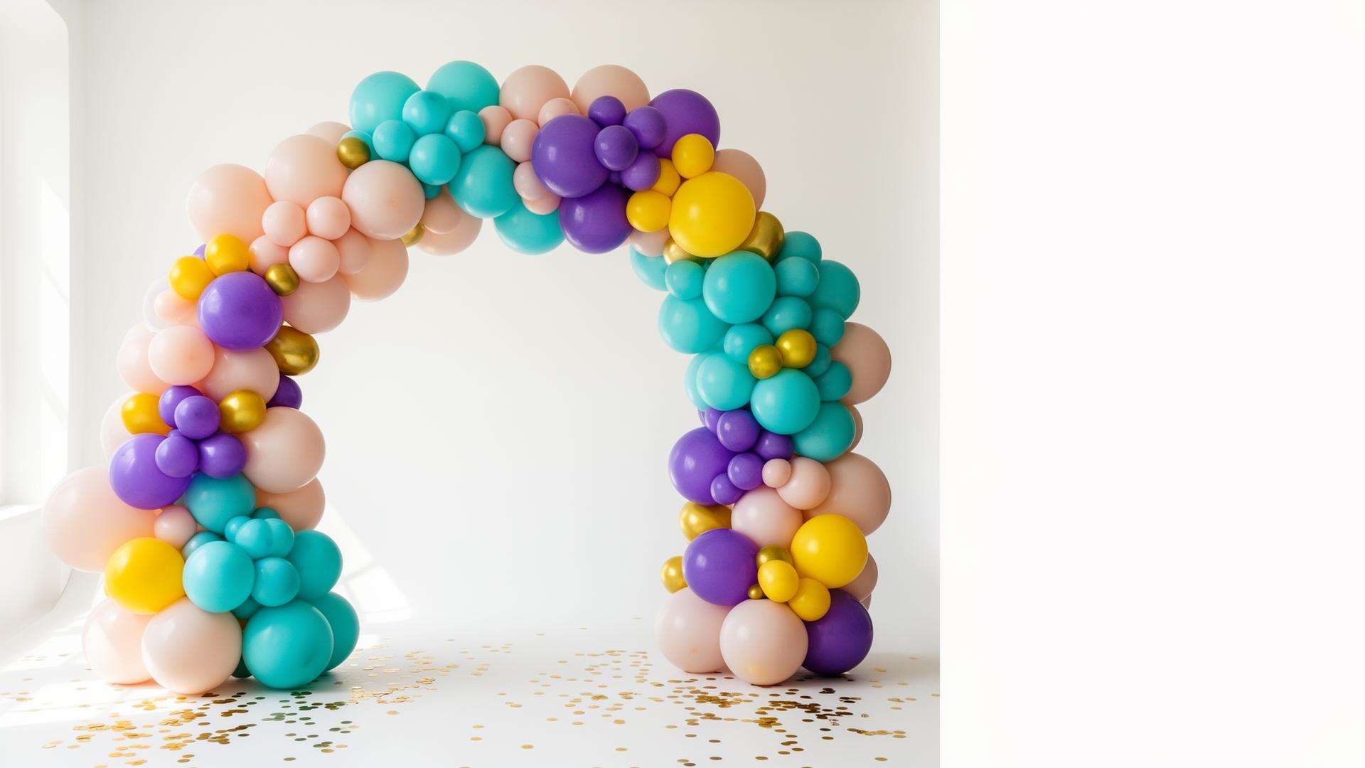 Arco orgánico de globos premium en colores turquesa, morado y amarillo